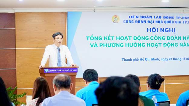 Đồng chí Nguyễn Minh Tâm, Phó Giám đốc ĐHQG-HCM phát biểu tại Hội nghị